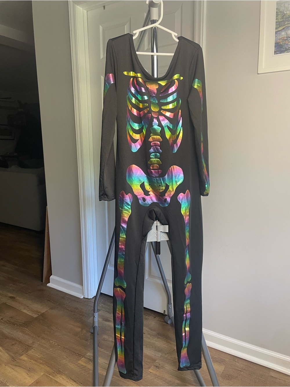 Kids Black One-Piece Skeleton Costume with Rainbow Print